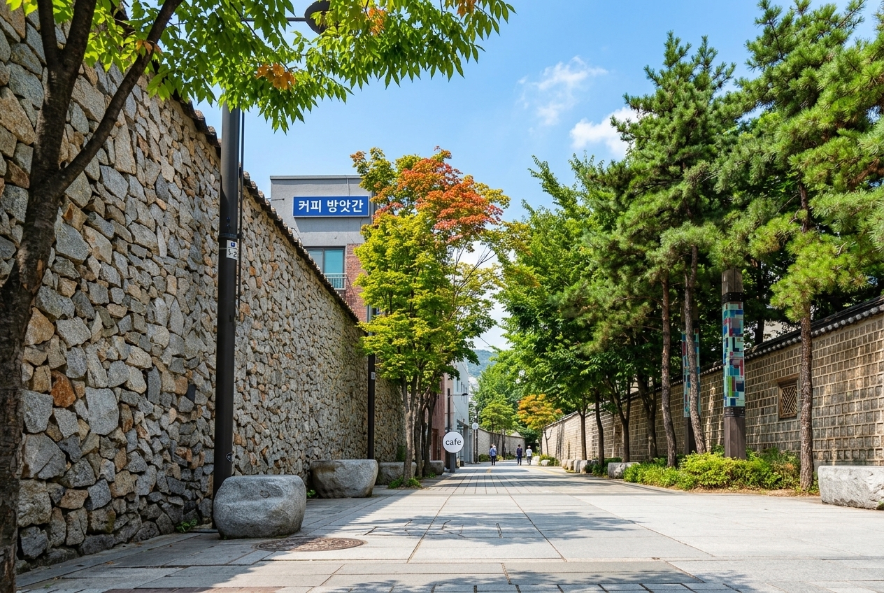 북촌 한옥마을 돌담길과 나무 그늘