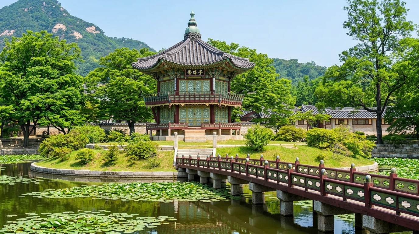경복궁 연못가의 향원정 풍경
