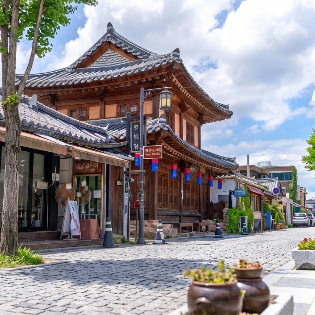 전주 한옥마을 거리의 전통 한옥과 돌담길