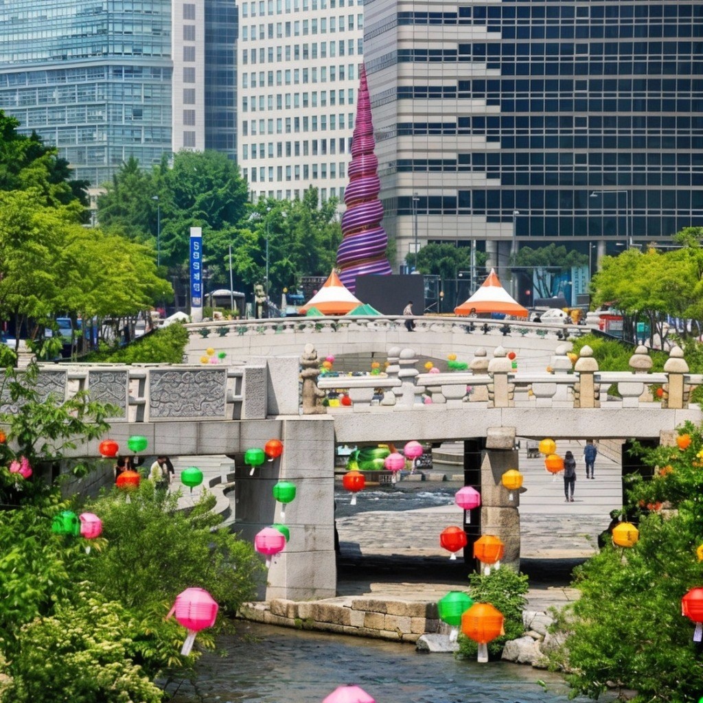 청계천 돌다리와 알록달록 연등